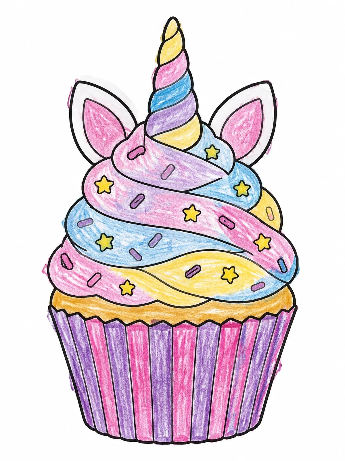 Colored example of the Sweet Unicorn Cupcake With Horn coloring page