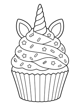 A decorative unicorn cake coloring page featuring a swirl-frosted cupcake with ears and a horn.