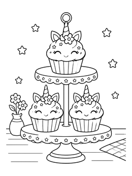 A cute unicorn cake coloring page featuring three smiling cupcakes arranged on a tiered dessert stand.