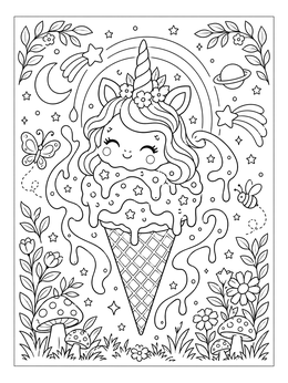 A magical unicorn ice cream coloring page featuring stars, rainbow, and dripping swirls.