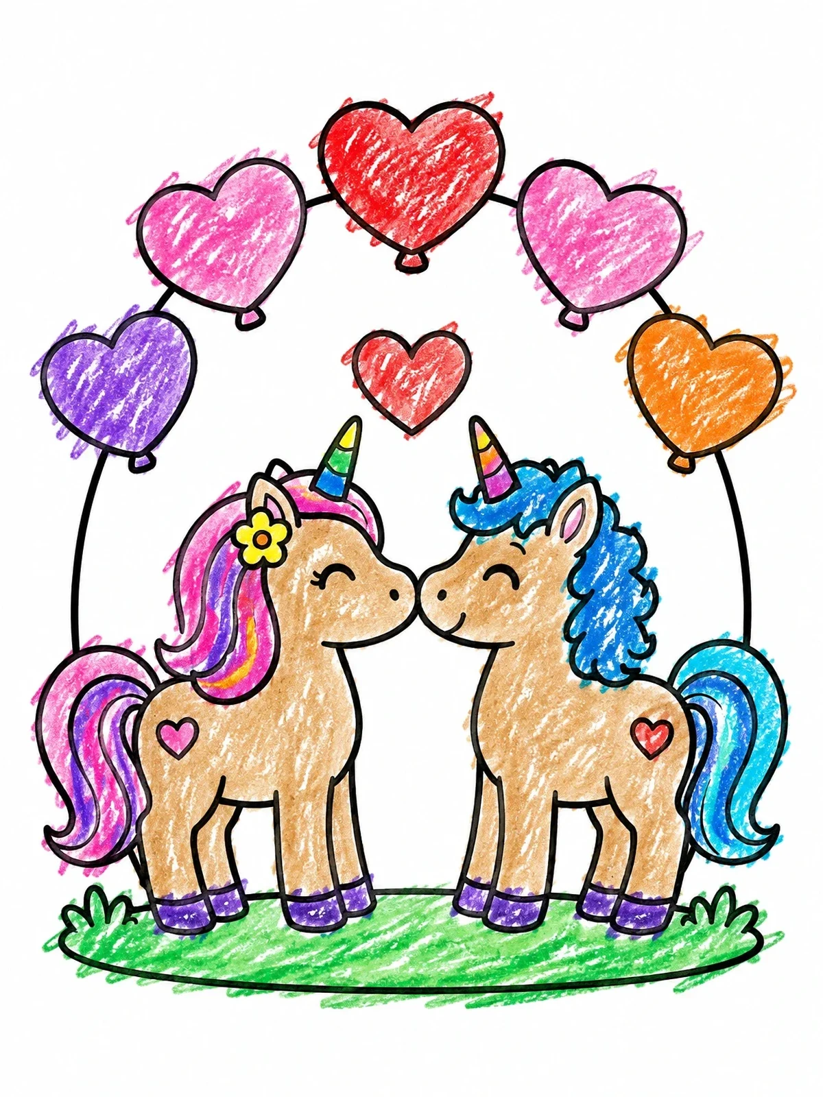 Colored example of the Sweet Unicorns And Heart Balloon Arch coloring page
