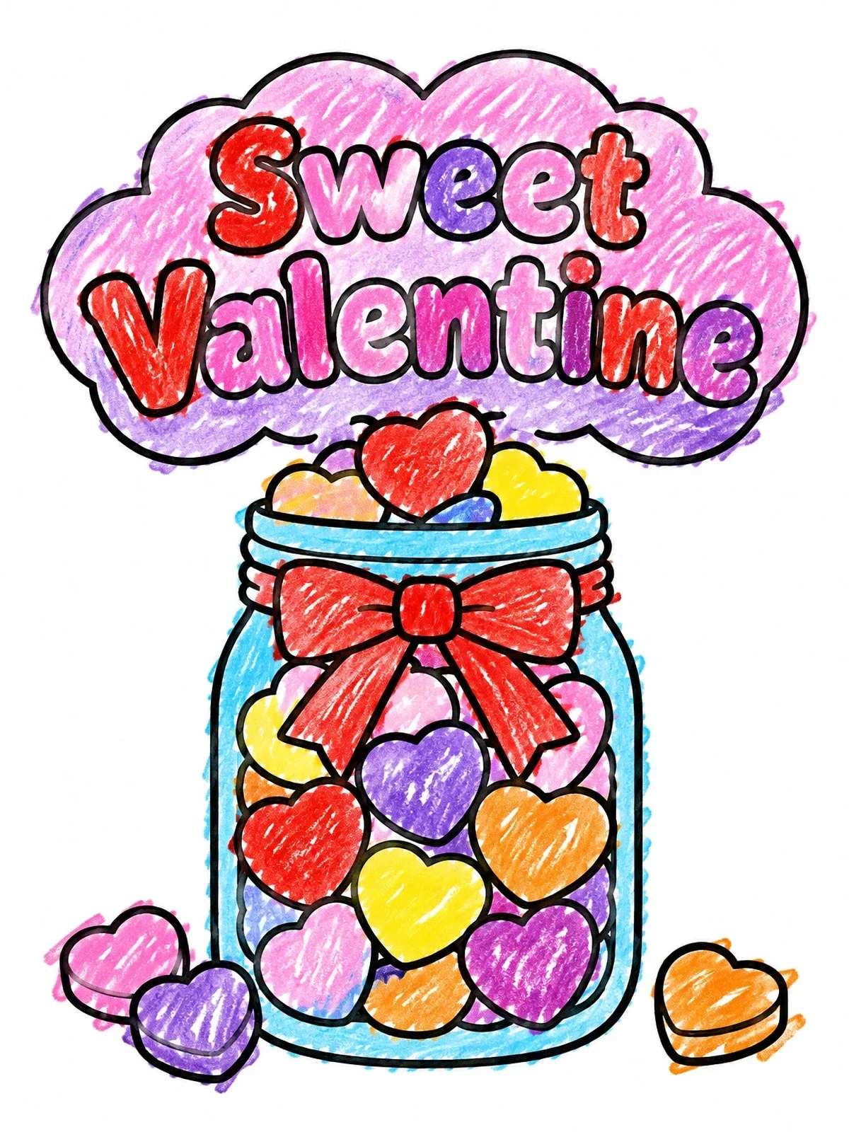 Colored example of the Sweet Valentine Candy Jar coloring page