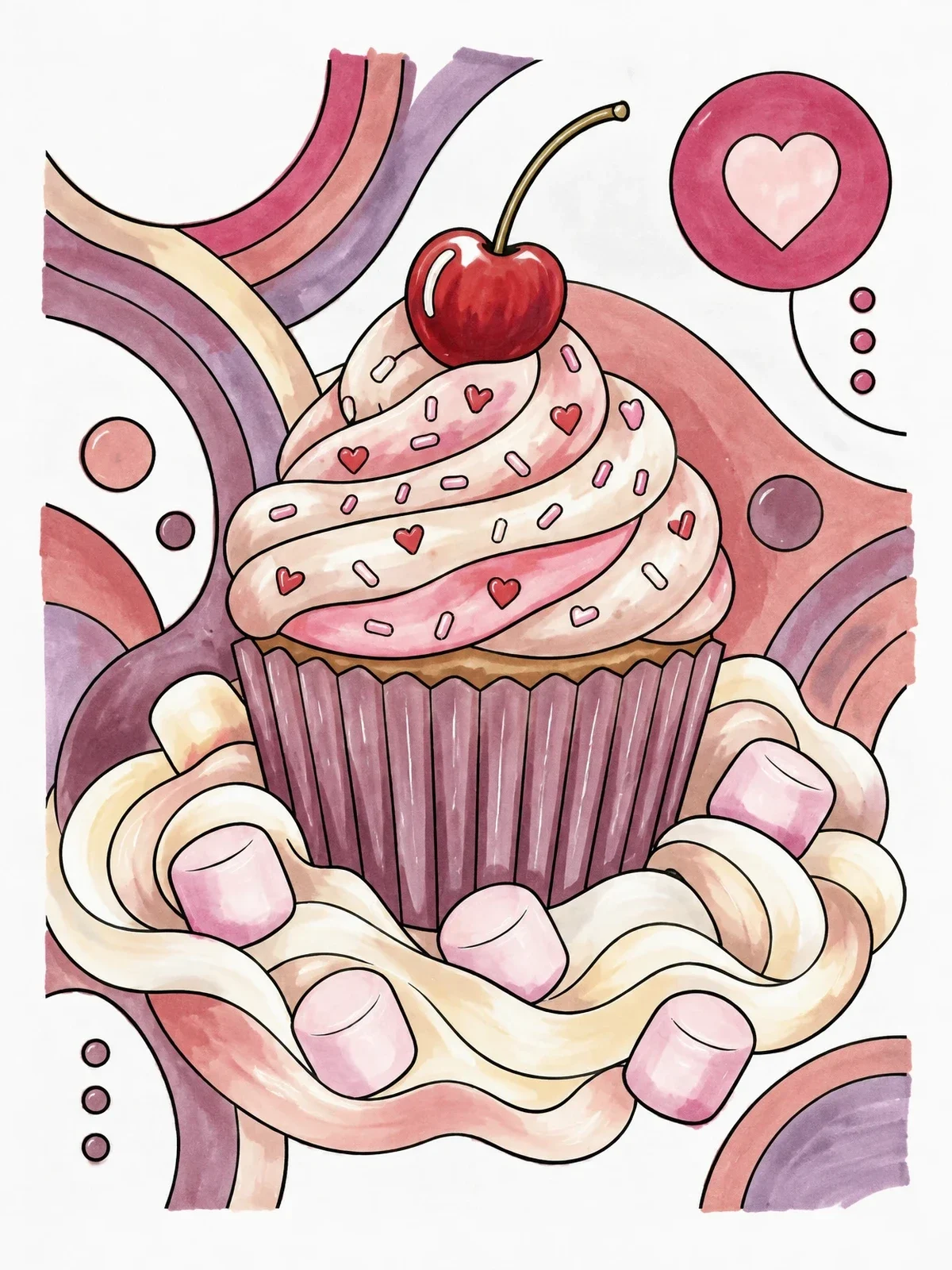 Colored example of the Sweet Valentine Cupcake With Marshmallows coloring page