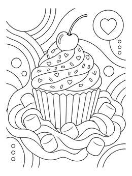 Decorated valentine cupcake coloring page resting on fluffy frosting and marshmallows.