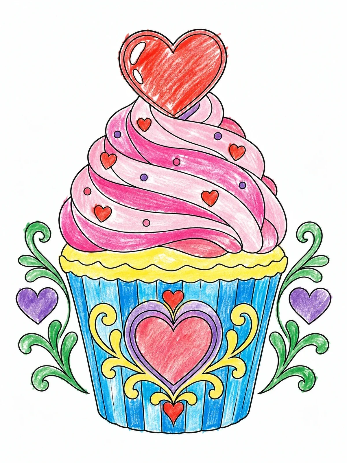 Colored example of the Sweet Valentine Heart Cupcake coloring page