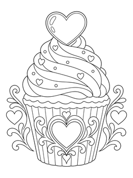 Decorated valentine cupcake coloring page with swirled frosting and hearts.