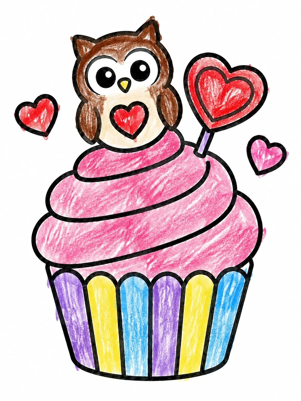 Colored example of the Sweet Valentine Owl Cupcake coloring page
