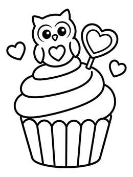 Free printable Sweet Valentine Owl Cupcake coloring page