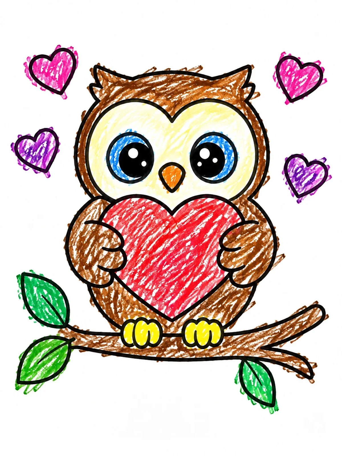 Colored example of the Sweet Valentine Owl With Heart coloring page