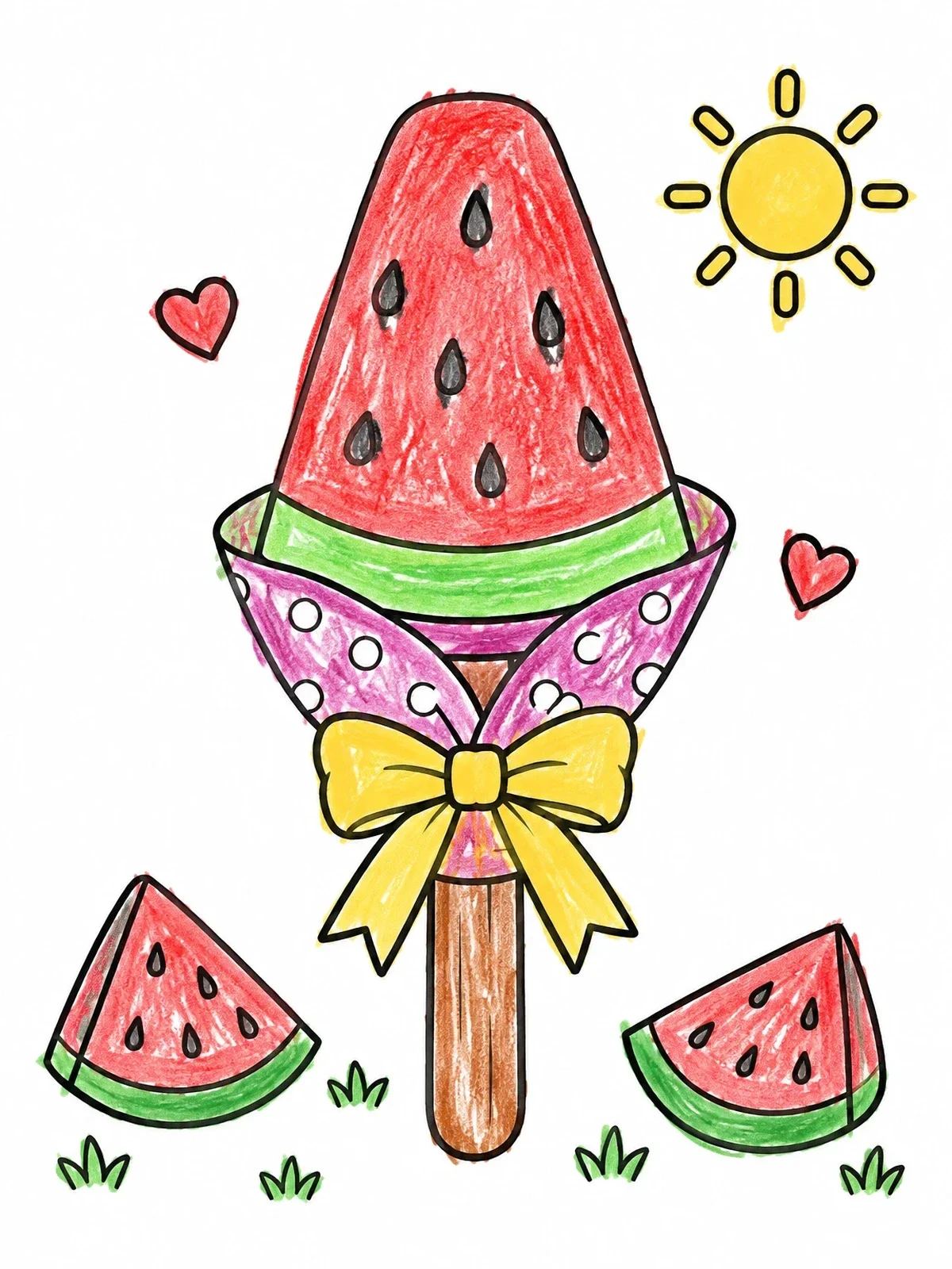 Colored example of the Sweet Watermelon Popsicle With Ribbon coloring page