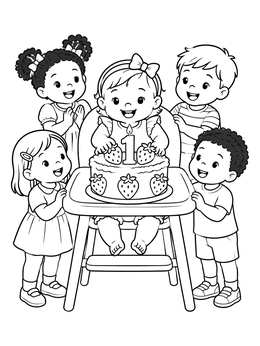 A baby in a high chair enjoys a sweets coloring page celebration with strawberry birthday cake and friends.