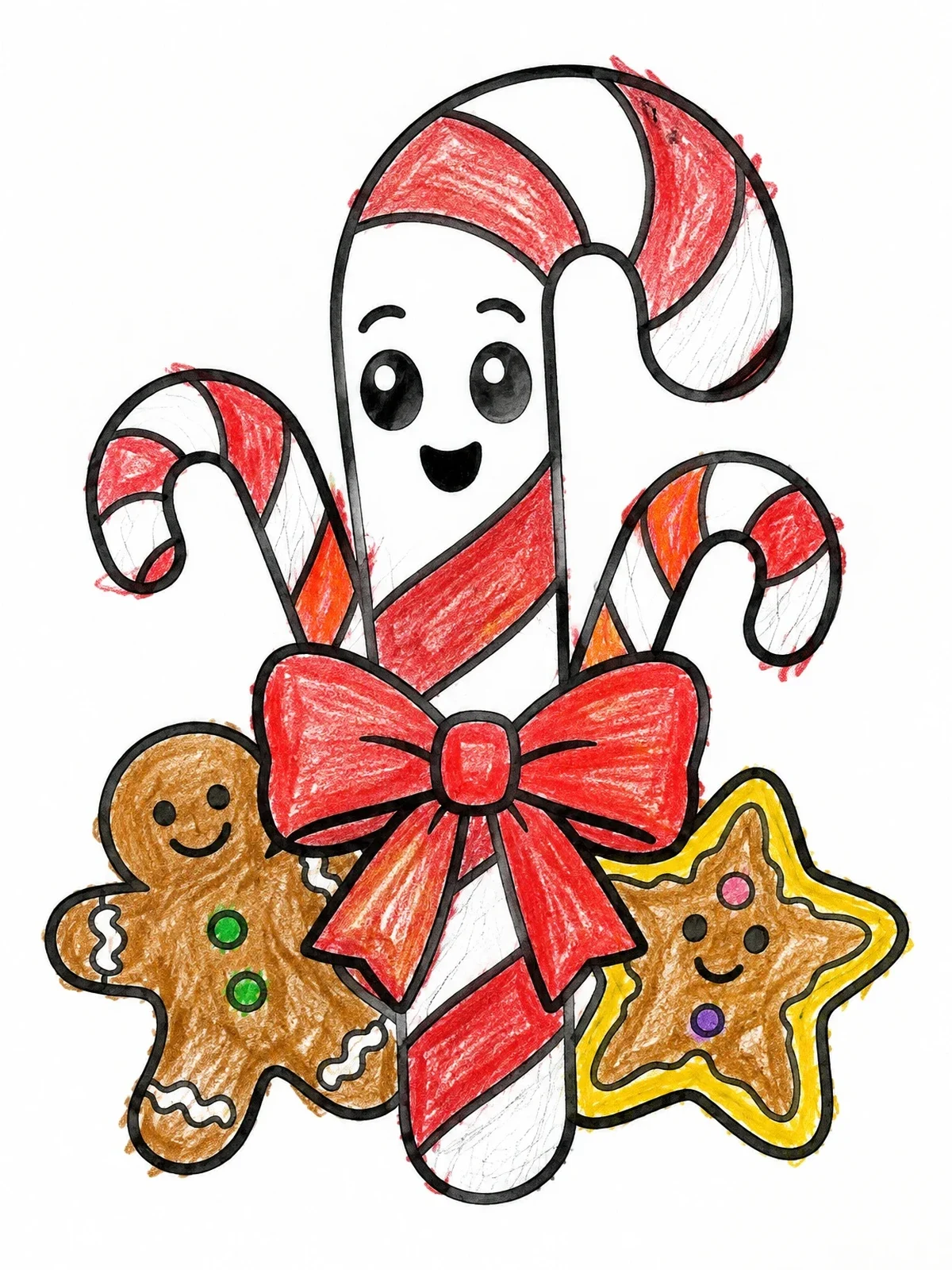 Colored example of the Cheerful Candy Canes And Gingerbread Cookies coloring page