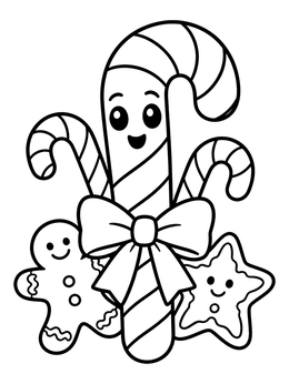 A cute candy cane and cookies in a cheerful sweets coloring page.