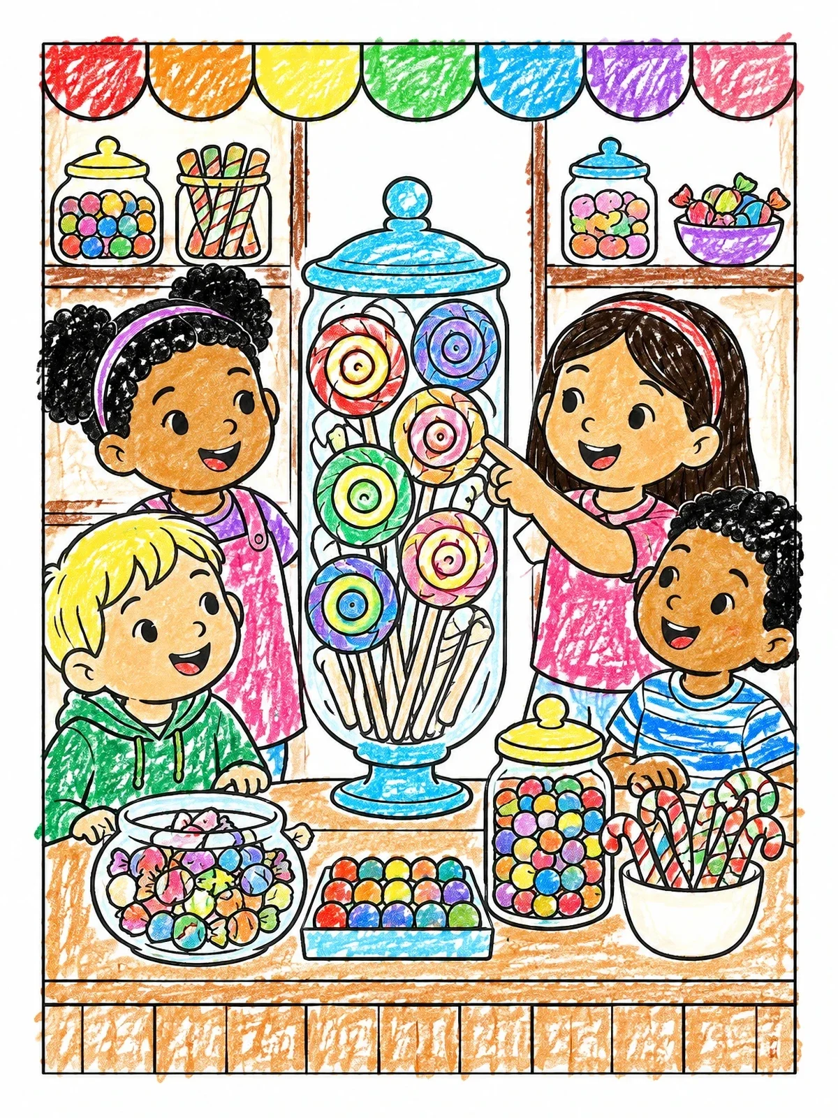 Colored example of the Children Choosing Candy At The Shop coloring page