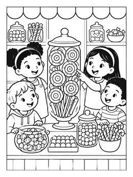 Free printable Children Choosing Candy At The Shop coloring page