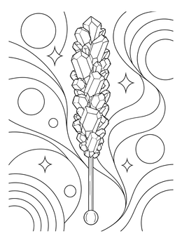 A sparkling rock candy stick on this sweets coloring page surrounded by abstract swirling patterns.