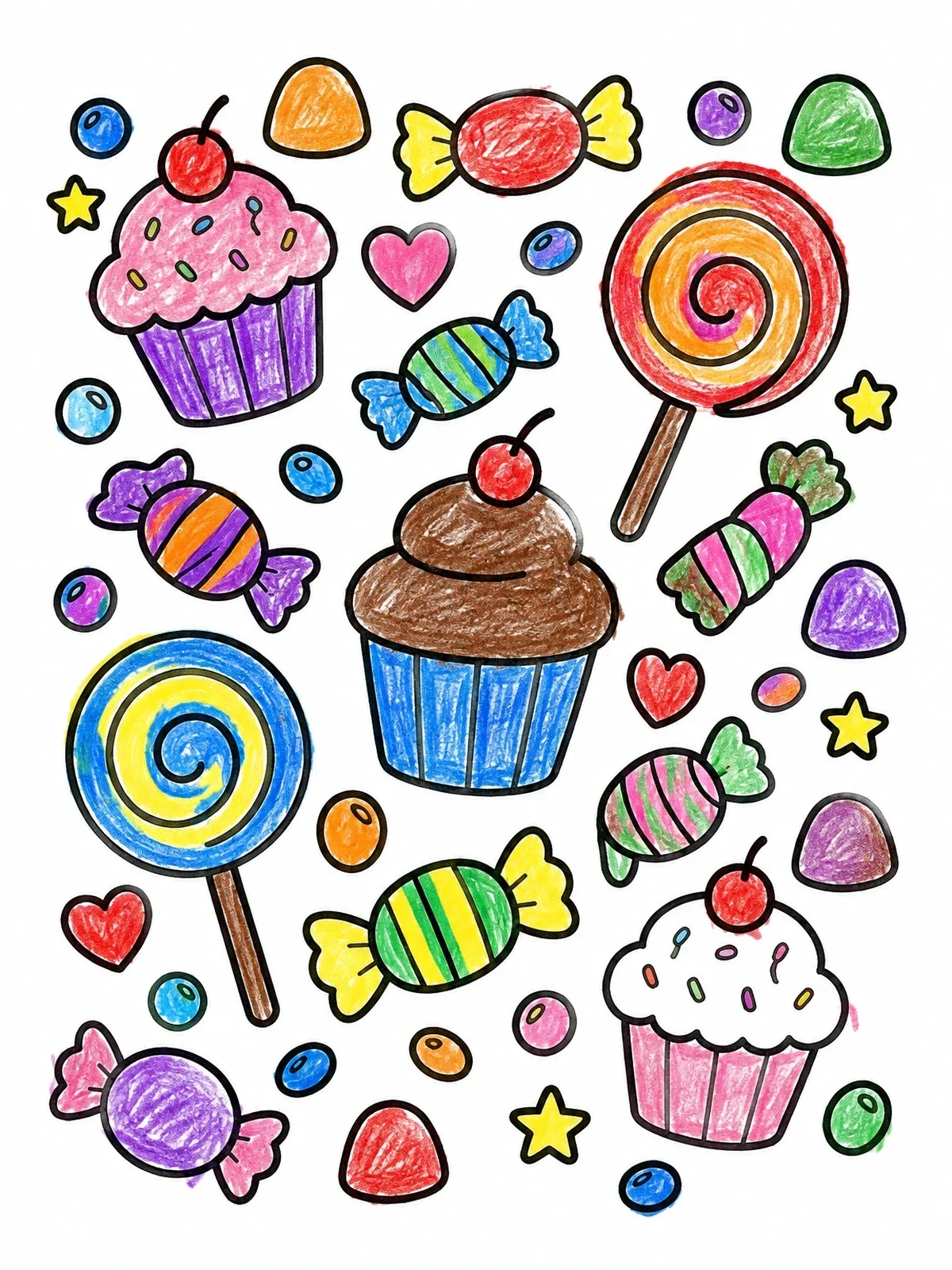 Colored example of the Cupcakes And Candies Doodle Pattern coloring page