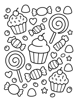 Free printable Cupcakes And Candies Doodle Pattern coloring page