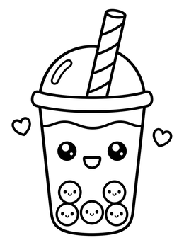 A happy boba cup with smiling tapioca pearls on this sweets coloring page.