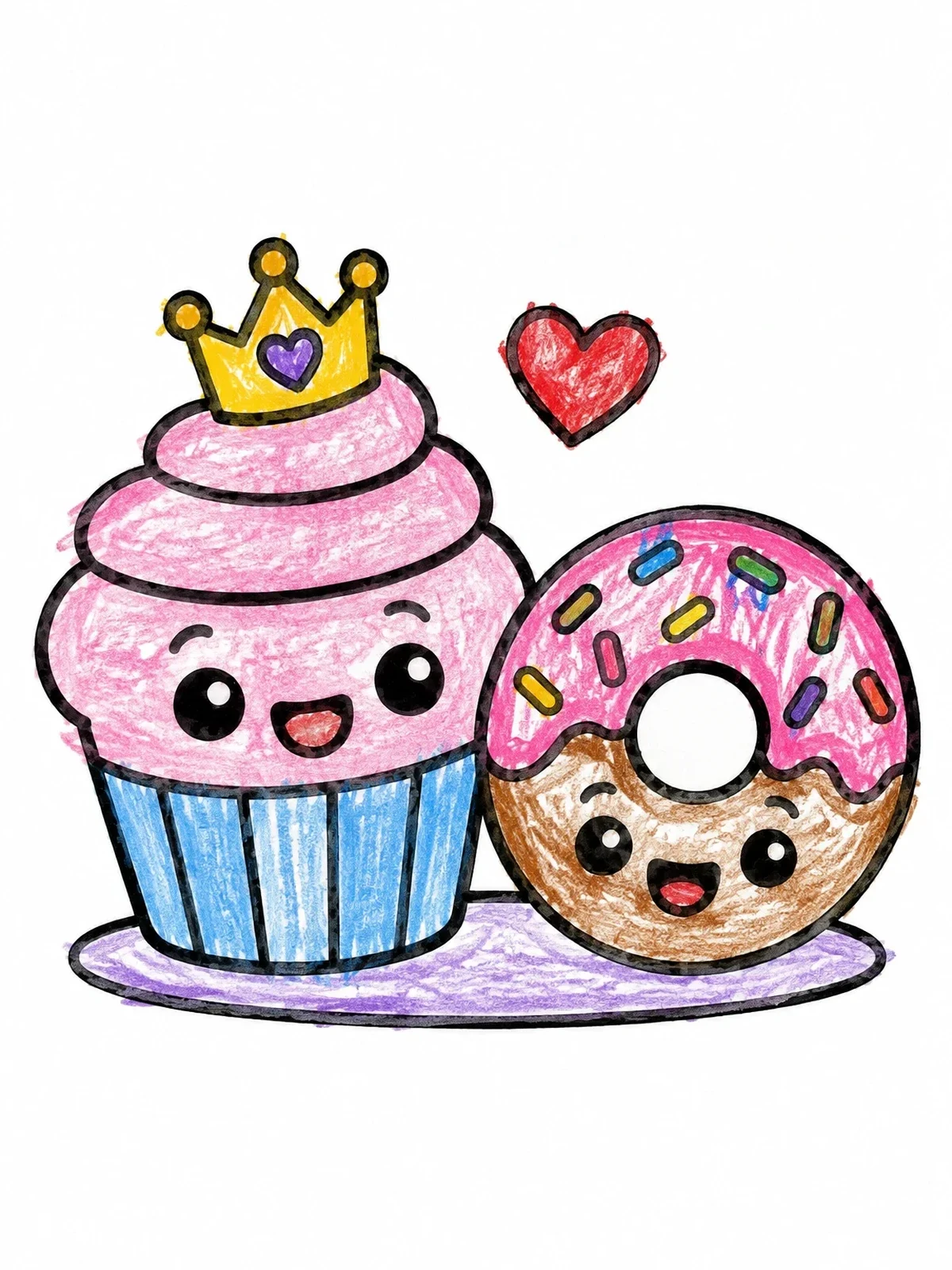 Colored example of the Cute Cupcake And Frosted Donut Friends coloring page