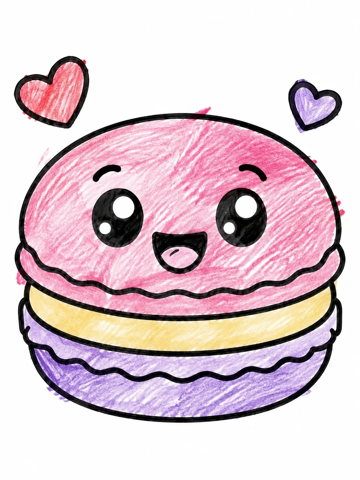 Colored example of the Cute Smiling French Macaron coloring page