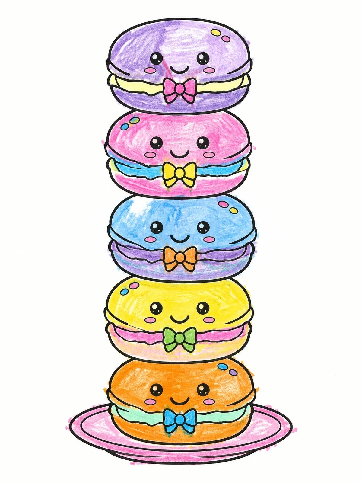 Colored example of the Stack Of Cute Smiling Macarons coloring page