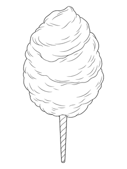 A fluffy spun sugar treat on a striped stick featured on a sweets coloring page.