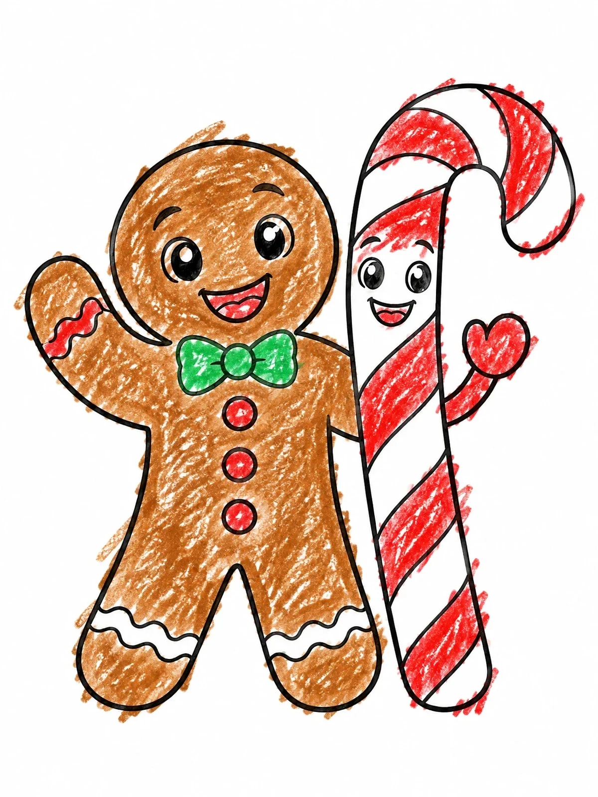 Colored example of the Gingerbread Man And Candy Cane Friends coloring page