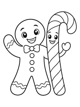 A cheerful gingerbread man and smiling candy cane in this sweets coloring page.