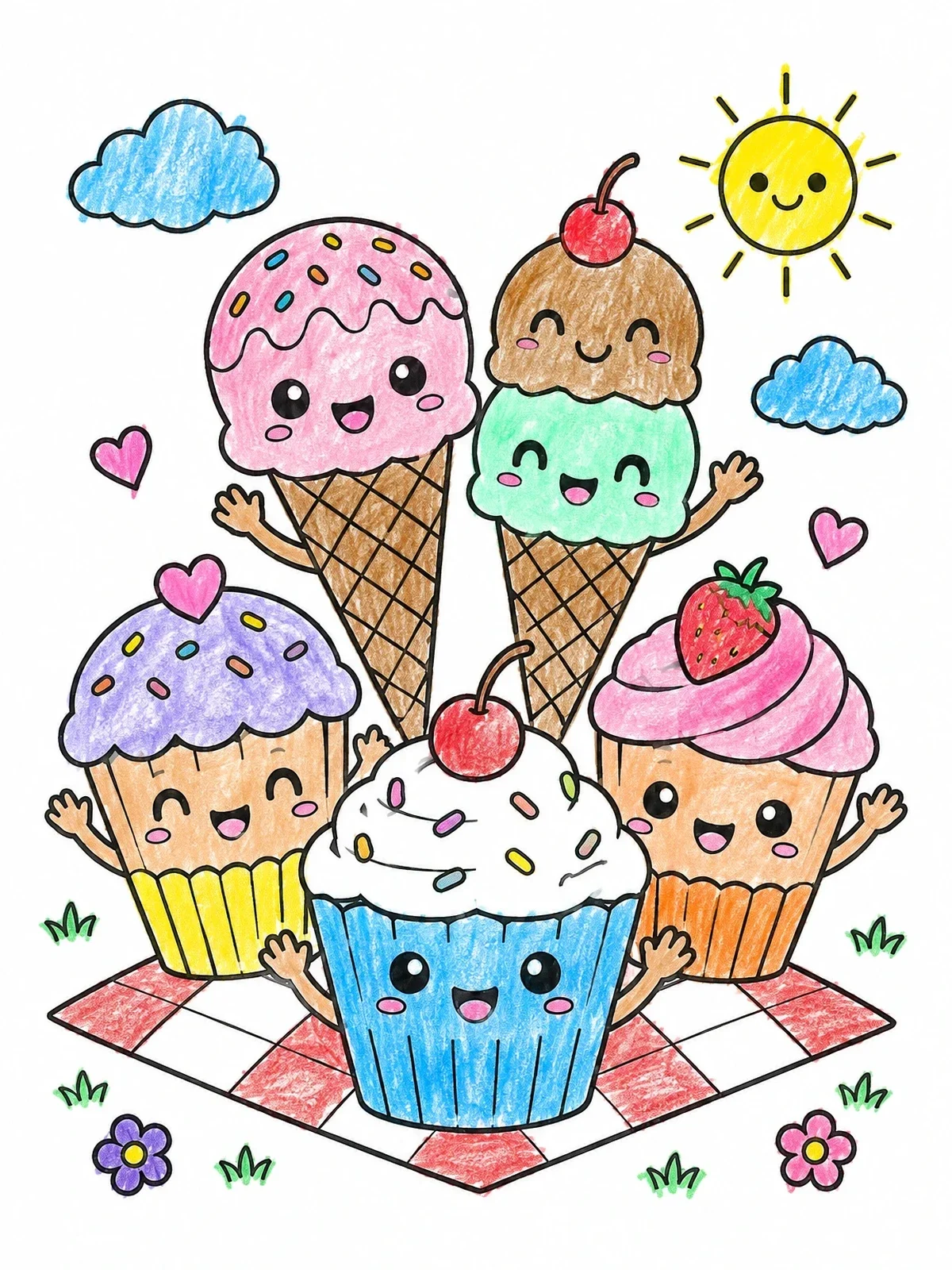 Colored example of the Cheerful Kawaii Cupcakes And Ice Cream coloring page
