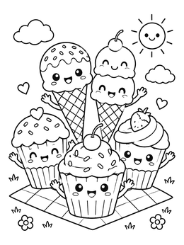 Free printable Cheerful Kawaii Cupcakes And Ice Cream coloring page