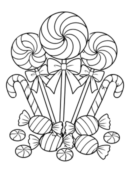 Swirled lollipops and striped sweets coloring page with candy canes and bows.