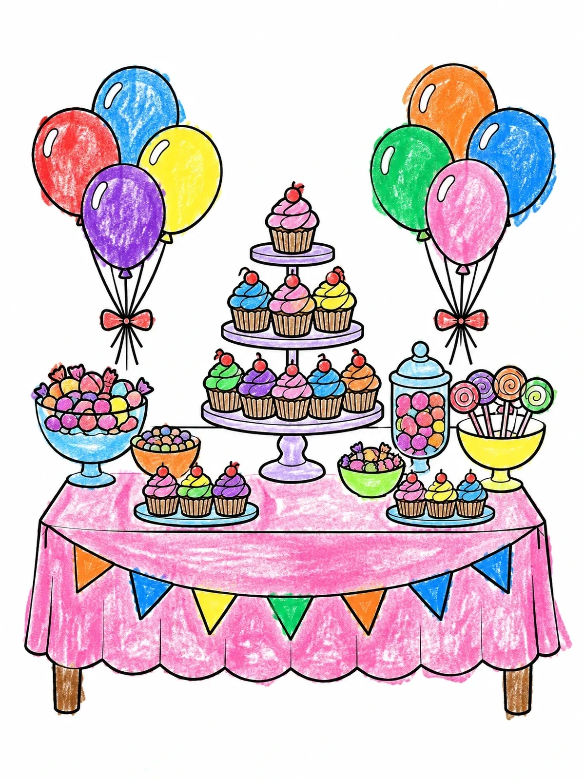 Colored example of the Party Sweet Table With Cupcakes And Balloons coloring page