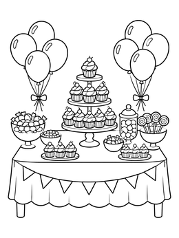 A festive party table dessert display in this sweets coloring page.