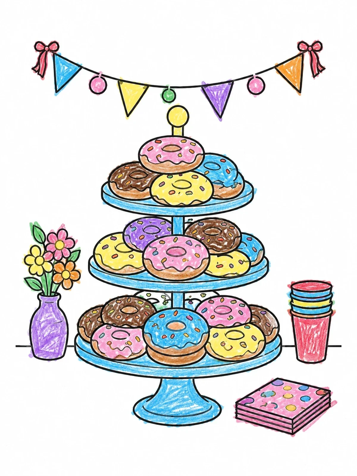 Colored example of the Party Donut Stand With Garland coloring page