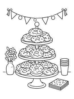 A festive sweets coloring page featuring a tiered stand filled with glazed donuts and party decorations.