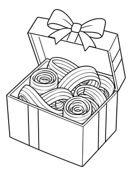 A festive sweets coloring page showing striped ribbon candies packed inside an open present box with a bow.