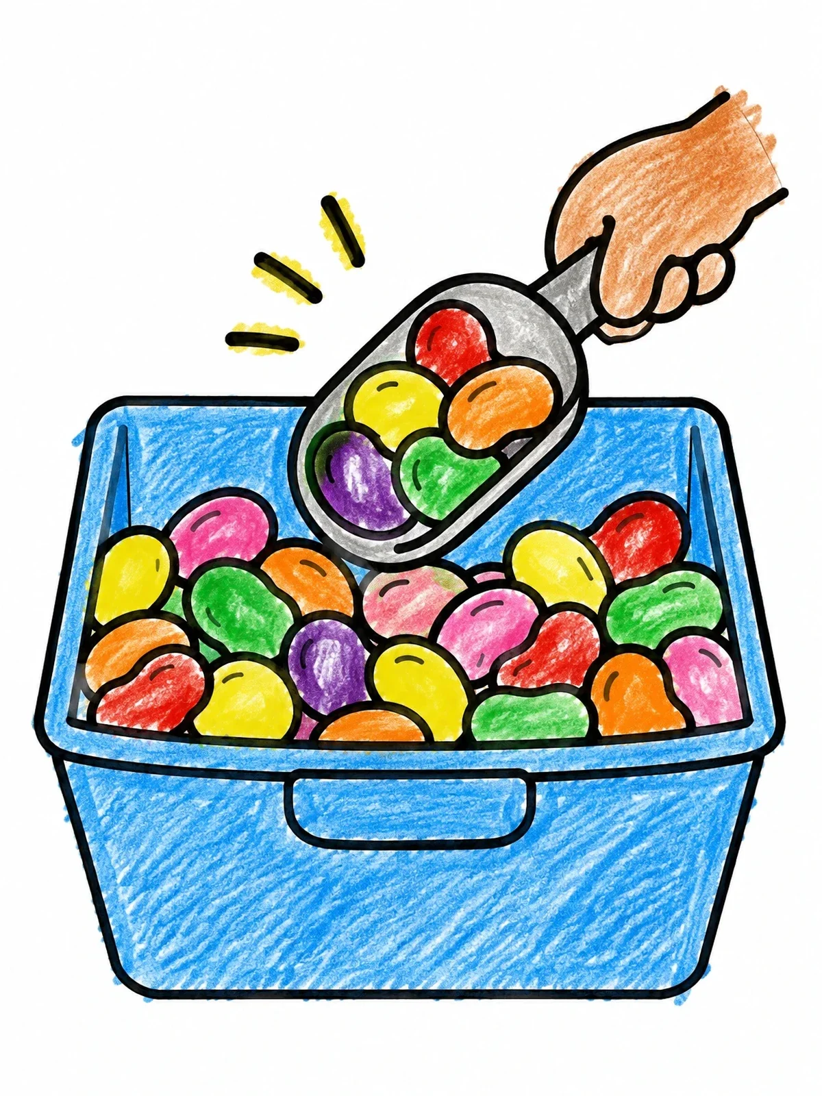 Colored example of the Scooping Jelly Beans From Bulk Bin coloring page