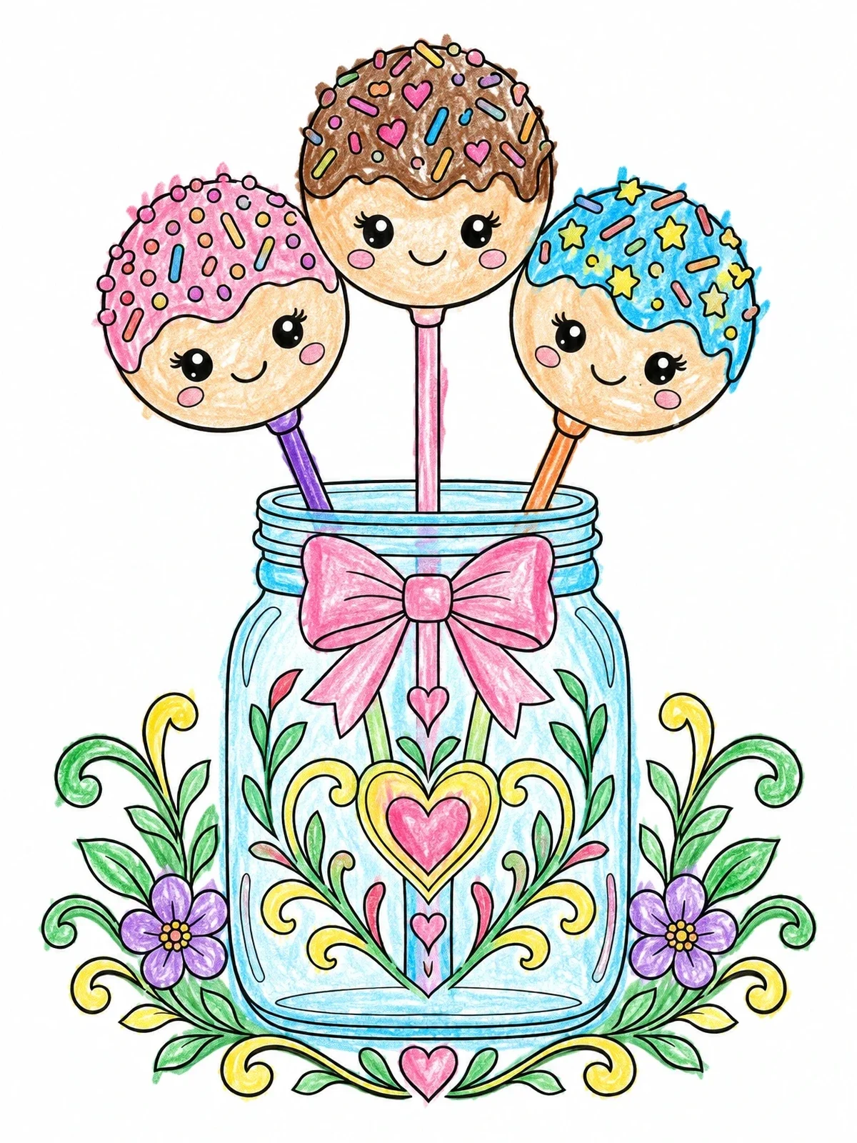 Colored example of the Smiling Cake Pops In Decorative Jar coloring page