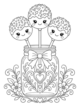 A delightful sweets coloring page featuring three cute cake pops in a decorated glass jar.
