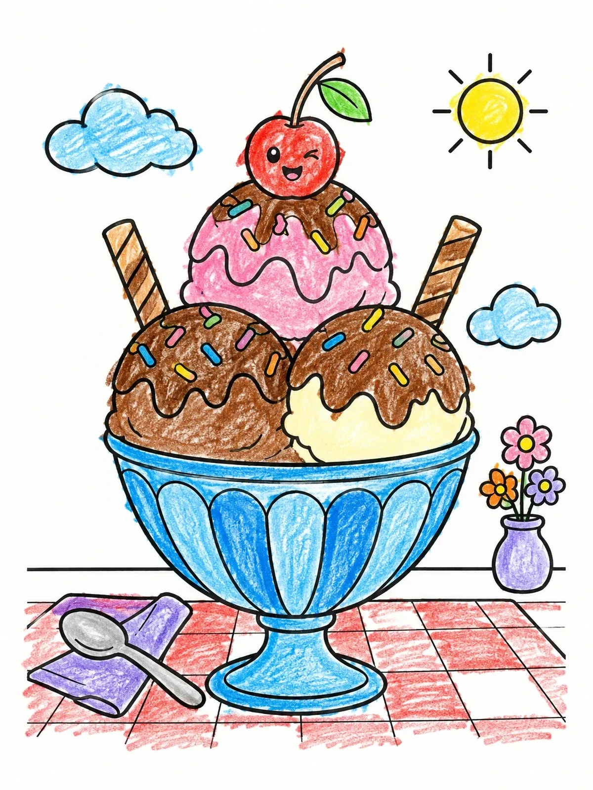 Colored example of the Sweet Ice Cream Sundae Bowl coloring page