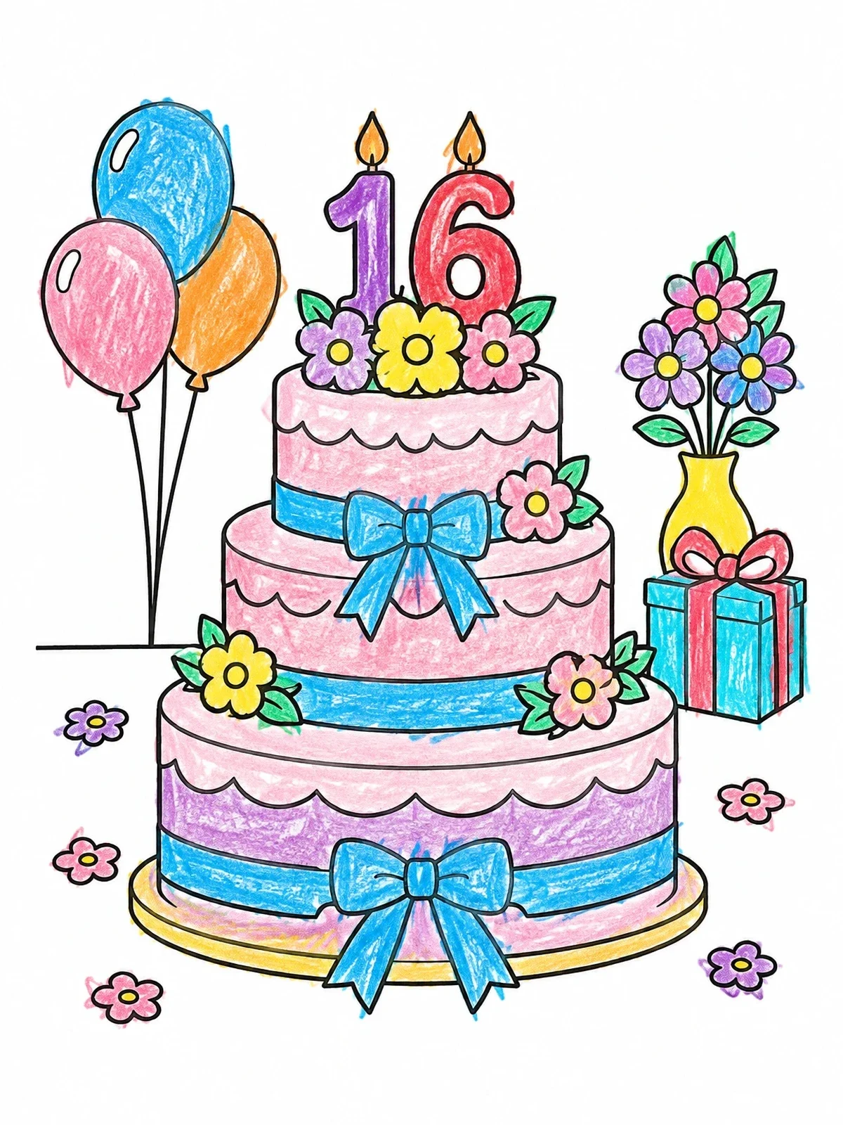 Colored example of the Sweet Sixteen Tiered Birthday Cake coloring page