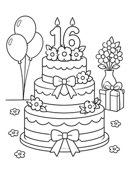 A sweet sixteen birthday cake with candles in this sweets coloring page.