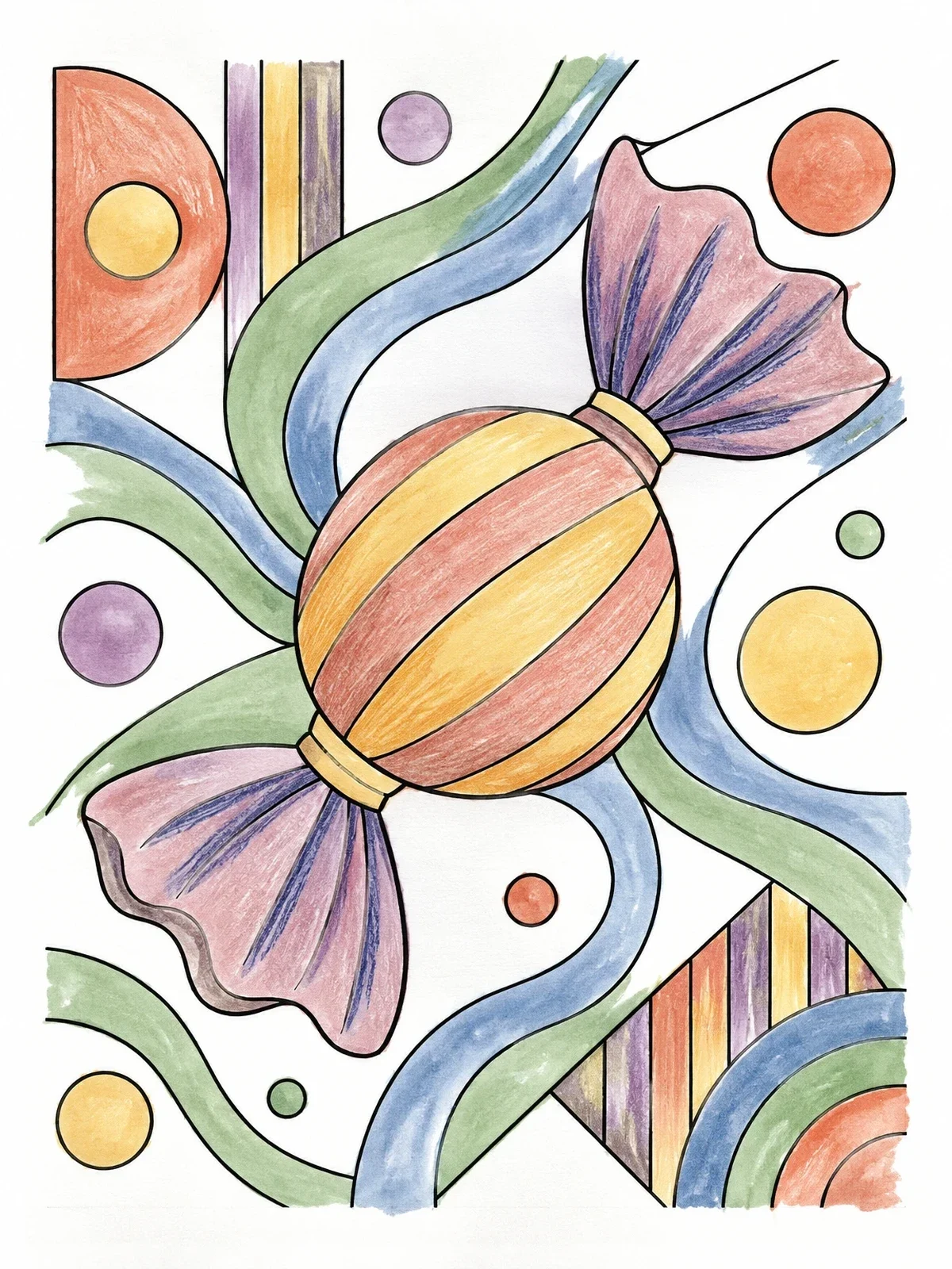 Colored example of the Wrapped Candy With Abstract Patterns coloring page