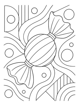 A decorative sweets coloring page with wrapped candy and geometric shapes.