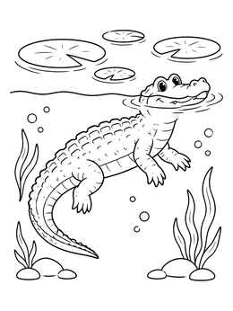 A cheerful alligator coloring page showing the reptile swimming underwater near lily pads.