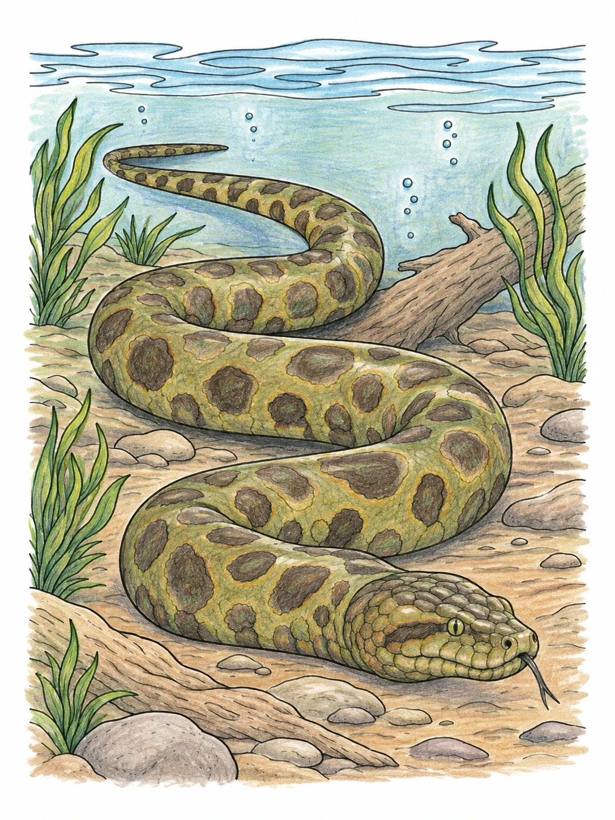 Colored example of the Swimming Anaconda On Riverbed coloring page