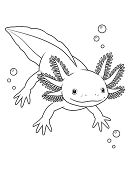 A smiling axolotl coloring page with feathery external gills swimming surrounded by small bubbles.