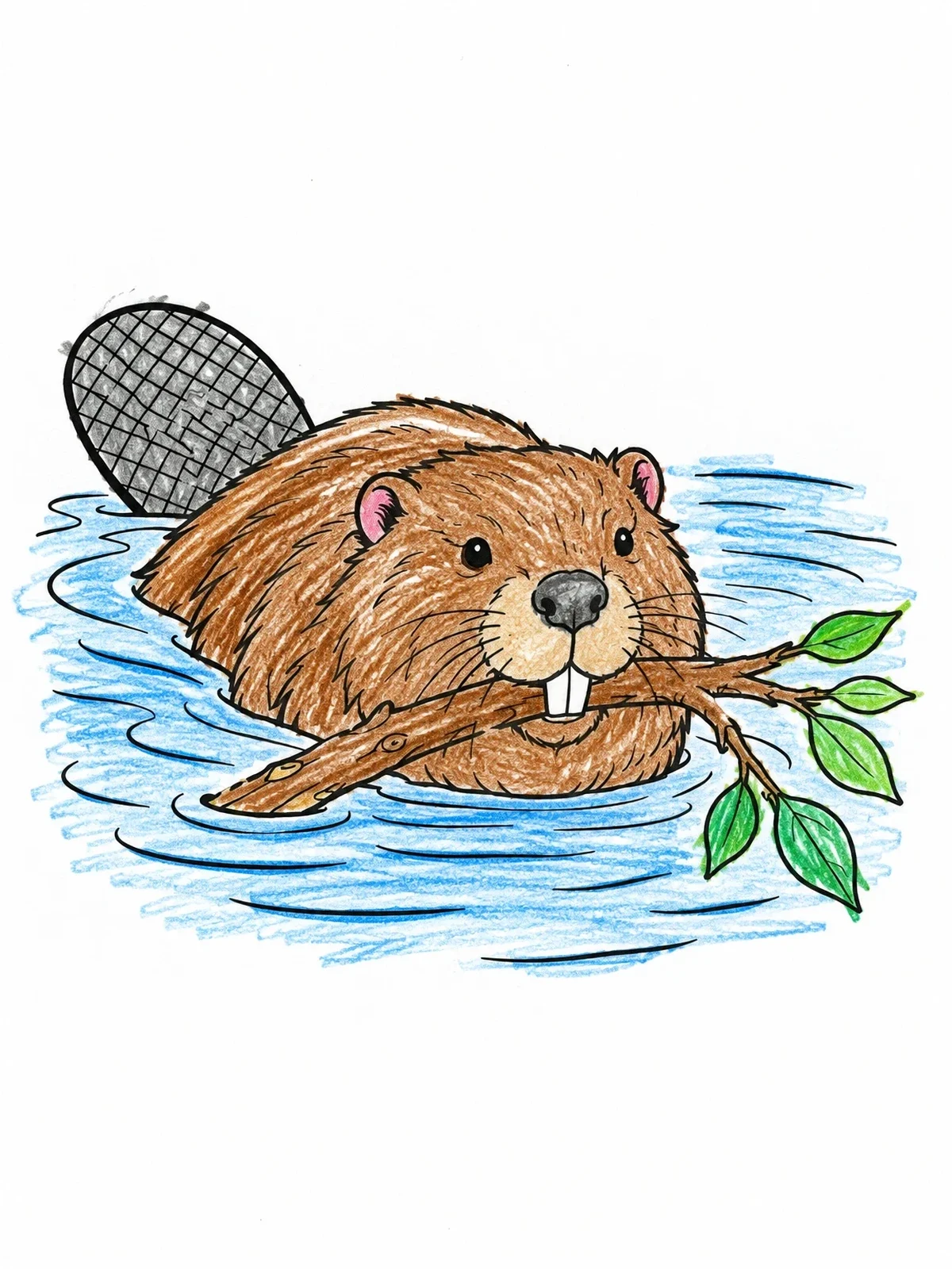 Colored example of the Swimming Beaver Carrying Branch coloring page