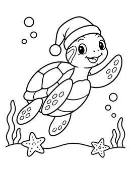 A cheerful christmas turtle coloring page showing a sea turtle in a Santa hat swimming over starfish.